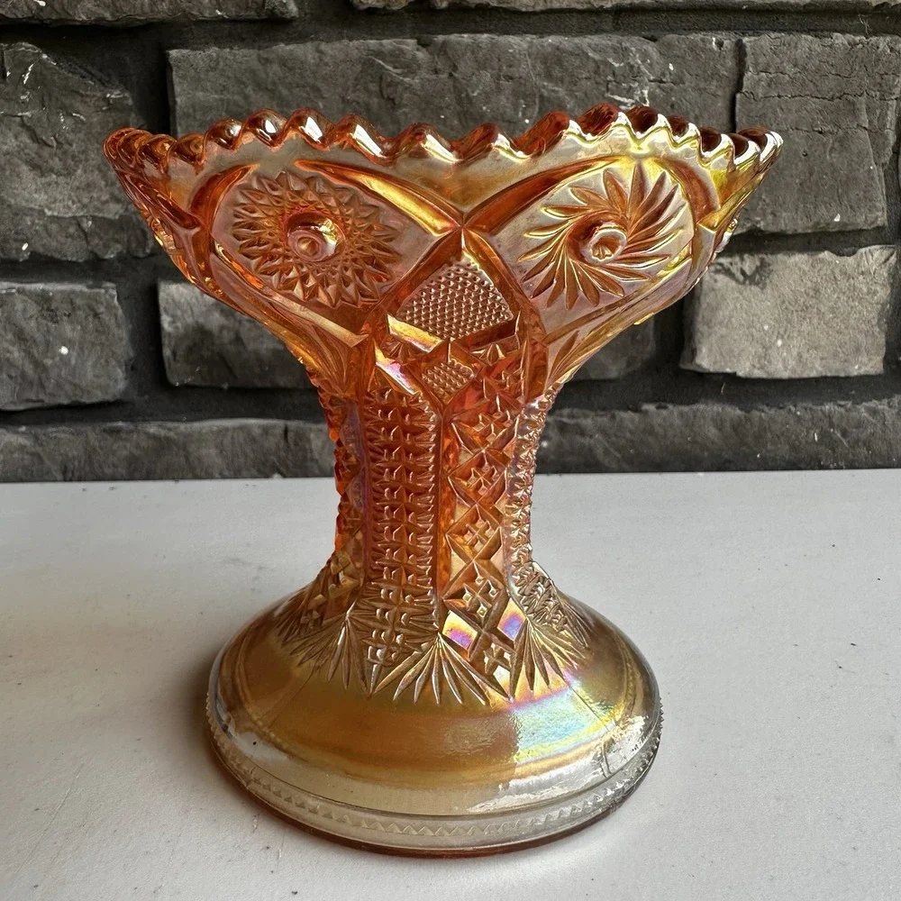 Imperial Glass Carnival Marigold Iridescent Punch Bowl Base Stand Hobstar Arches